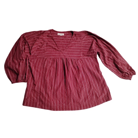 Madewell Tops - Madewell Maroon Metallic Striped V-Neck Balloon Sleeve Blouse Top XL Cotton